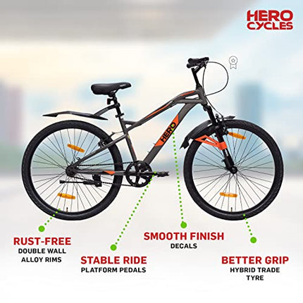 Hero Spinner 26T Single Speed Cycle | MTB | Grey | Front Suspension | Unisex | Single Speed | 95% Assembled Cycle(Ready to Ride in 5 Min) 