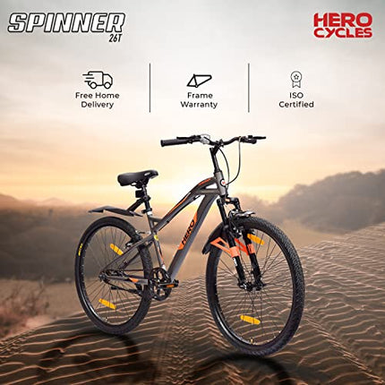 Hero Spinner 26T Single Speed Cycle | MTB | Grey | Front Suspension | Unisex | Single Speed | 95% Assembled Cycle(Ready to Ride in 5 Min) 