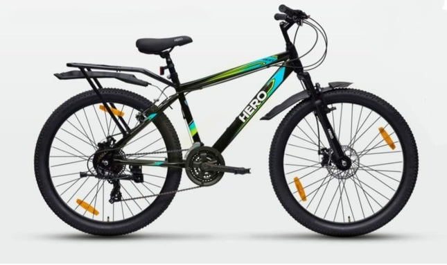 Hero Sprint Next 26" Bicycle - 21-Speed Shimano Gears, Dual Disc Brakes, and Integrated Carrier (Orange/Green) 