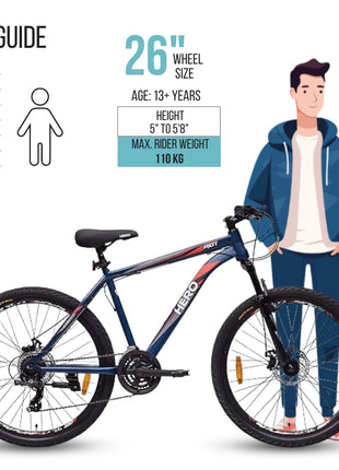 Hero Sprint Riot 26T MTB Geared Cycle 21 Speed Shimano Gears with Dual Disc Front-Suspension Multi-Speed Navy Blue Ideal Age 12+ Years for Men&Women Unisex,26 Inch,Standard 