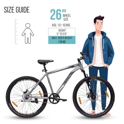 Hero Sprint Riot 26T Single Speed Mountain Cycle | Front-Suspension | Dual Disk | Matt Charcoal Grey | Ideal Age 12+ Years for Men and Women | Unisex | 95% Assembled Cycle(Ready to Ride in 5 Min) 