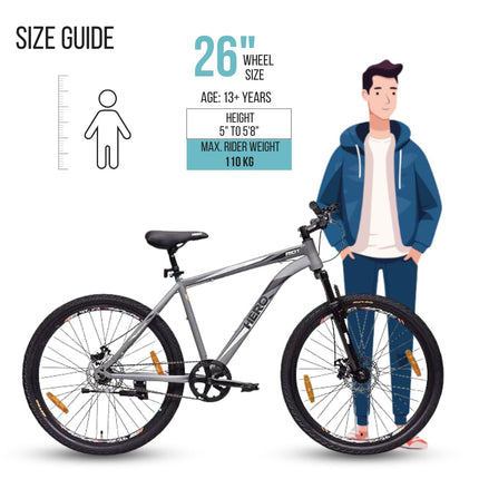 Hero Sprint Riot 26T Single Speed Mountain Cycle | Front-Suspension | Dual Disk | Matt Charcoal Grey | Ideal Age 12+ Years for Men and Women | Unisex | 95% Assembled Cycle(Ready to Ride in 5 Min) 