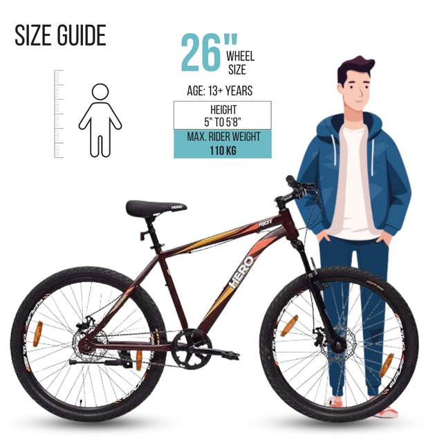 Hero Sprint Riot 26T Single Speed Mountain Cycle | Front-Suspension | Dual Disk | Matt Chocolate Brown | Ideal Age 12+ Years Unisex | 95% Assembled Cycle(Ready to Ride in 5 Min),16.5 inches 