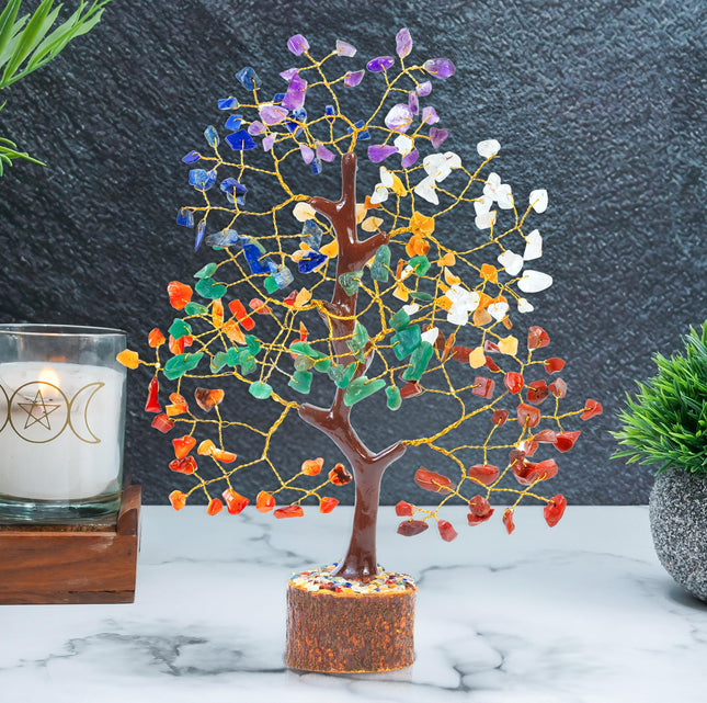 HindCraft Chakra Tree for Positive Energy - Crystal & Healing Stones Feng Shui Seven Chakra Tree of Life Decor - Perfect Rakhi Gift for Brothers & Sisters - 7 Chakra Tree, 200 Beads, 8-10" 