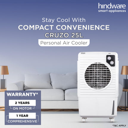 Hindware Smart Appliances | Cruzo 25L Personal Air Cooler in Summer with exclusive Insect and Dust free Filter Technology | Ice Chamber & Honeycomb Pad | Inverter Compatible (Black & White) 