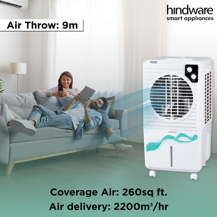 Hindware Smart Appliances | Frostwave 38L Personal Air cooler | Fan Based | 12" Fan Blade and Ice Chamber | White & Grey 