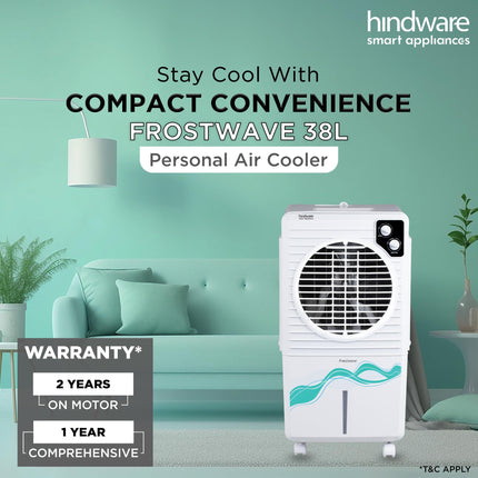 Hindware Smart Appliances | Frostwave 38L Personal Air cooler | Fan Based | 12" Fan Blade and Ice Chamber | White & Grey 