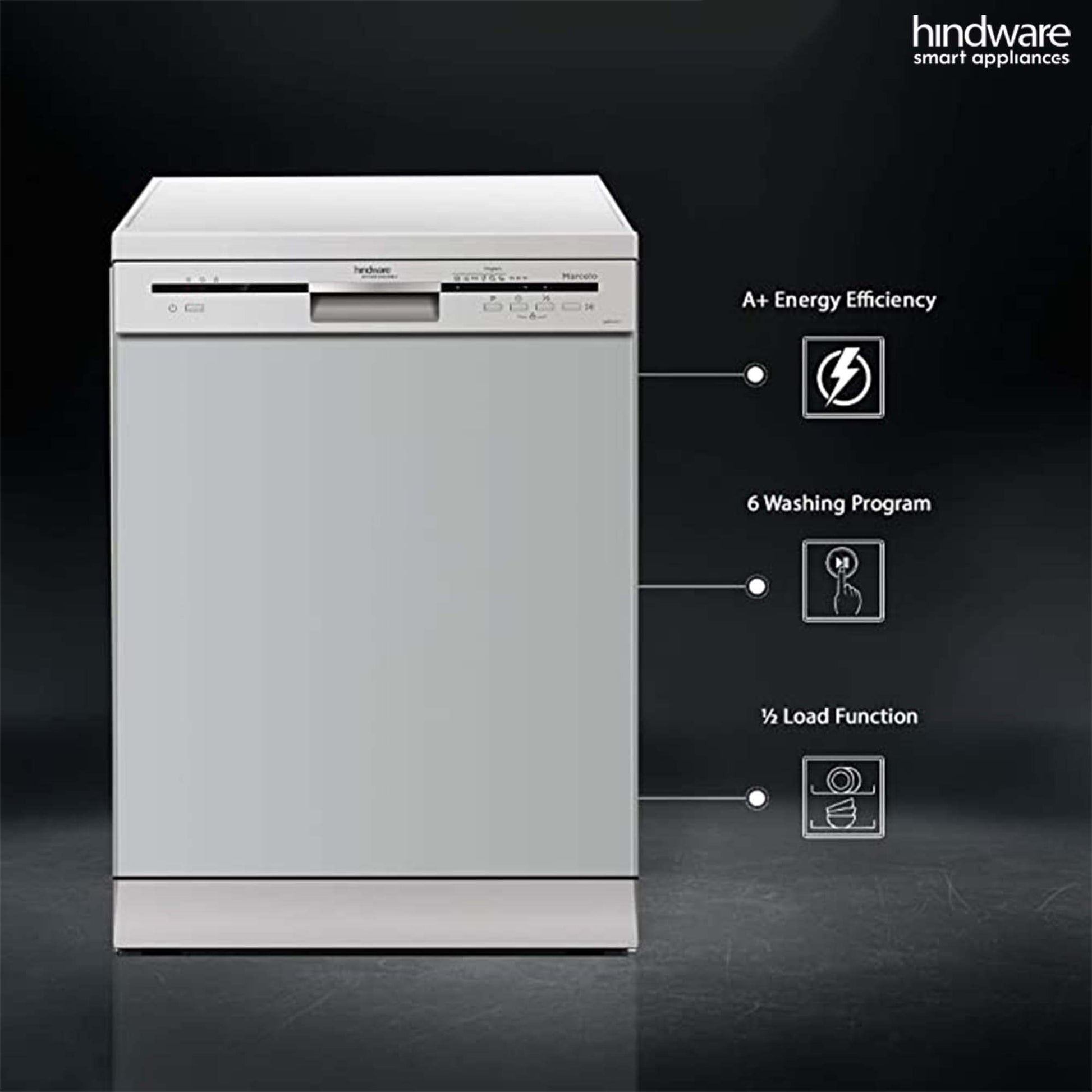 Hindware Smart Appliances Marcelo 12 Place Settings Auto-Clean Dishwasher With 6 Wash Programs & Half Load Function (DW100003) (Silver) 