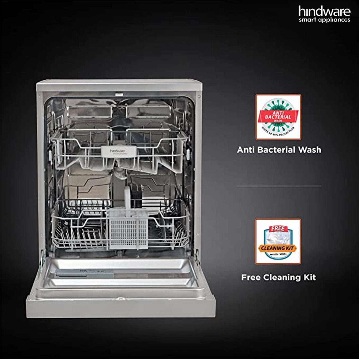 Hindware Smart Appliances Marcelo 12 Place Settings Auto-Clean Dishwasher With 6 Wash Programs & Half Load Function (DW100003) (Silver) 