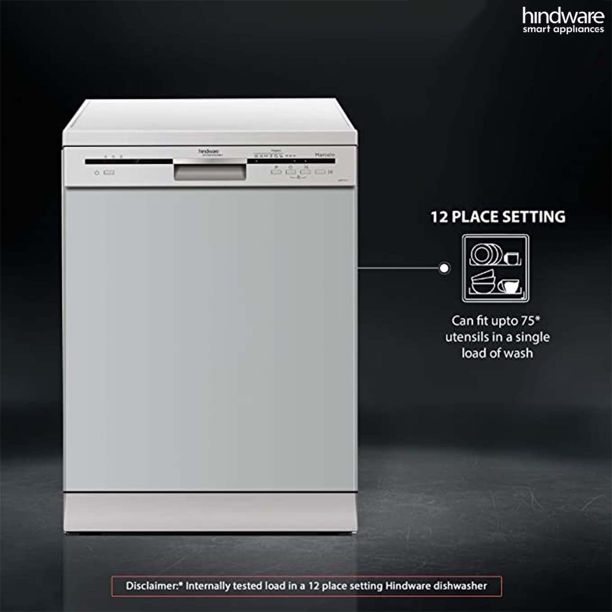 Hindware Smart Appliances Marcelo 12 Place Settings Auto-Clean Dishwasher With 6 Wash Programs & Half Load Function (DW100003) (Silver) 