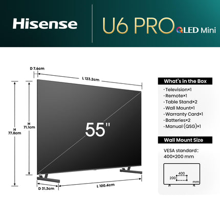 Hisense 139 cm (55 inches) U6N PRO Series 4K Ultra HD Smart QLED Mini LED TV 55U6N PRO (Black) 