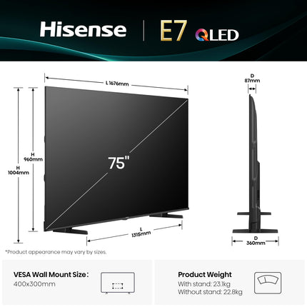 Hisense 189 cm (75 inches) E7Q Series 4K Ultra HD Smart QLED TV 75E7Q (Black) 