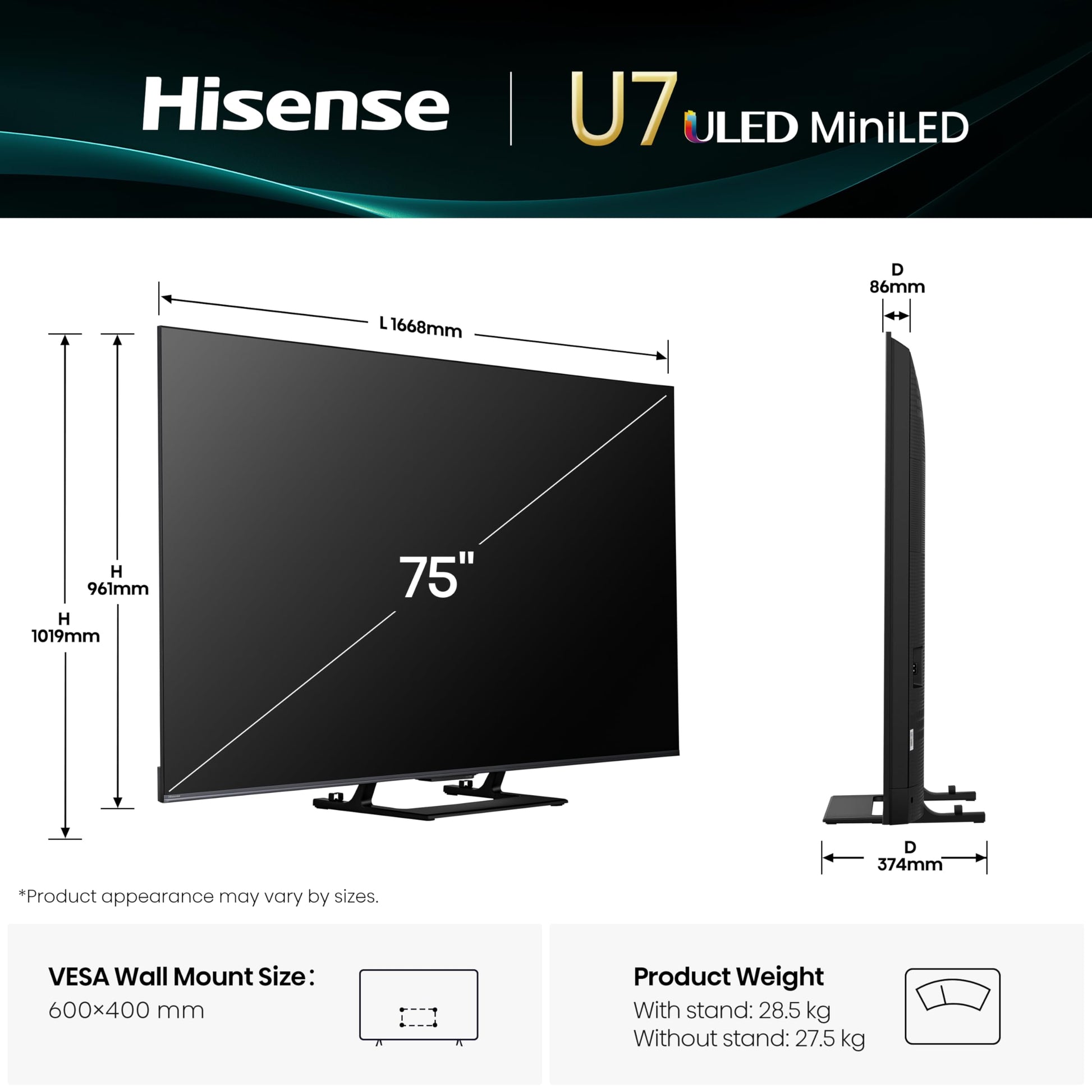 Hisense 189 cm (75 inches) U7Q Series 4K Ultra HD Smart QLED Mini LED TV 75U7Q (Black) 