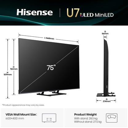 Hisense 189 cm (75 inches) U7Q Series 4K Ultra HD Smart QLED Mini LED TV 75U7Q (Black) 