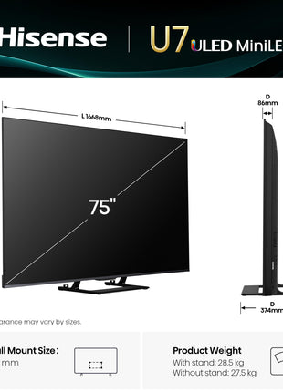Hisense 189 cm (75 inches) U7Q Series 4K Ultra HD Smart QLED Mini LED TV 75U7Q (Black) 