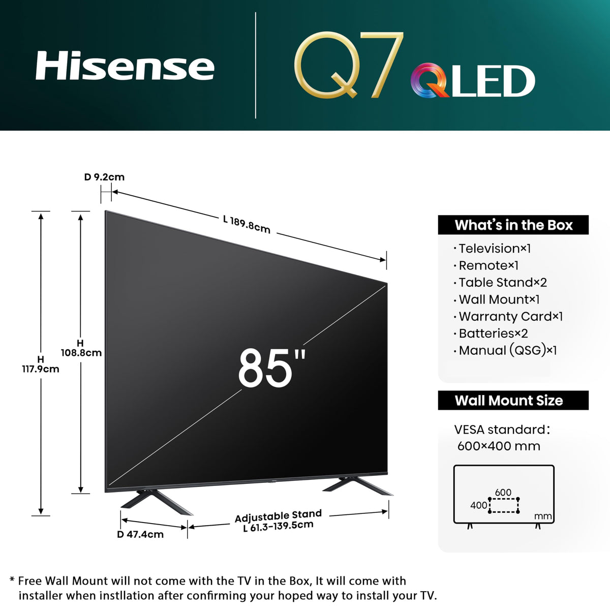 Hisense 215 cm (85 inches) Q7N Series 4K Ultra HD Smart QLED TV 85Q7N (Dark Grey) 