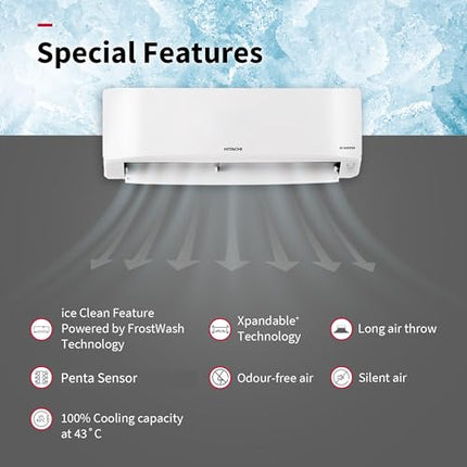 Hitachi 1 Ton Class 3 Star, 4-Way Swing, ice Clean, Xpandable+, Inverter Split AC (100% Copper, Dust Filter, 3400SXL RAS.D312PCBIBS, White) 