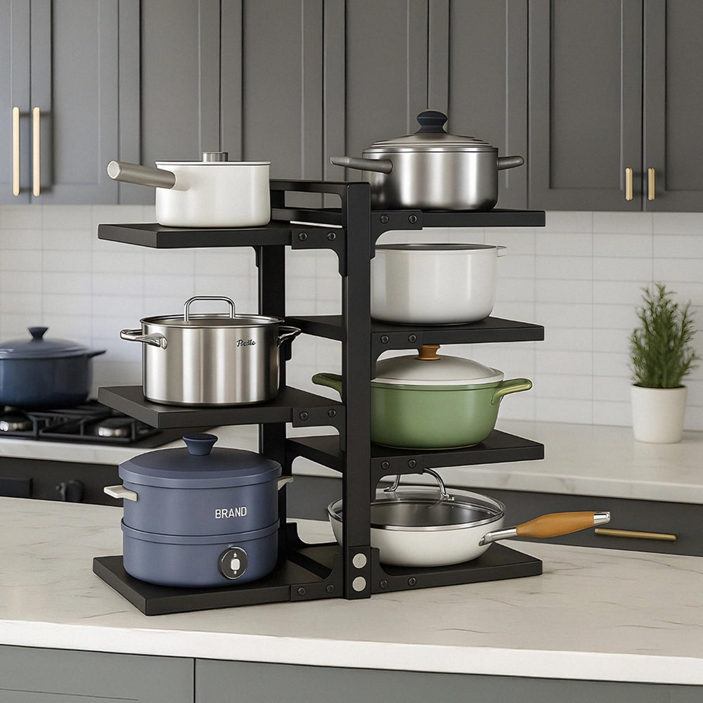 HomeEssentials Kitchen Counter Pan Rack Organizer - 7 Tier Adjustable Pot Holder/Shelf Drawer Stand for Crockery, Utensil Holder (7 TIER) Stainless Steel,Ceiling mount, Bracket shelf