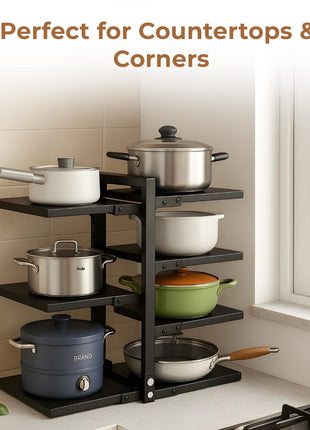 HomeEssentials Kitchen Counter Pan Rack Organizer - 7 Tier Adjustable Pot Holder/Shelf Drawer Stand for Crockery, Utensil Holder (7 TIER) Stainless Steel,Ceiling mount, Bracket shelf 