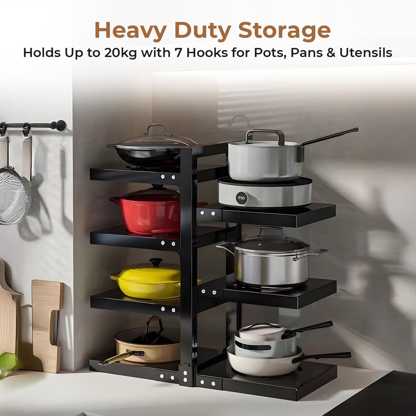 HomeEssentials Kitchen Counter Pan Rack Organizer - 7 Tier Adjustable Pot Holder/Shelf Drawer Stand for Crockery, Utensil Holder (7 TIER) Stainless Steel,Ceiling mount, Bracket shelf 