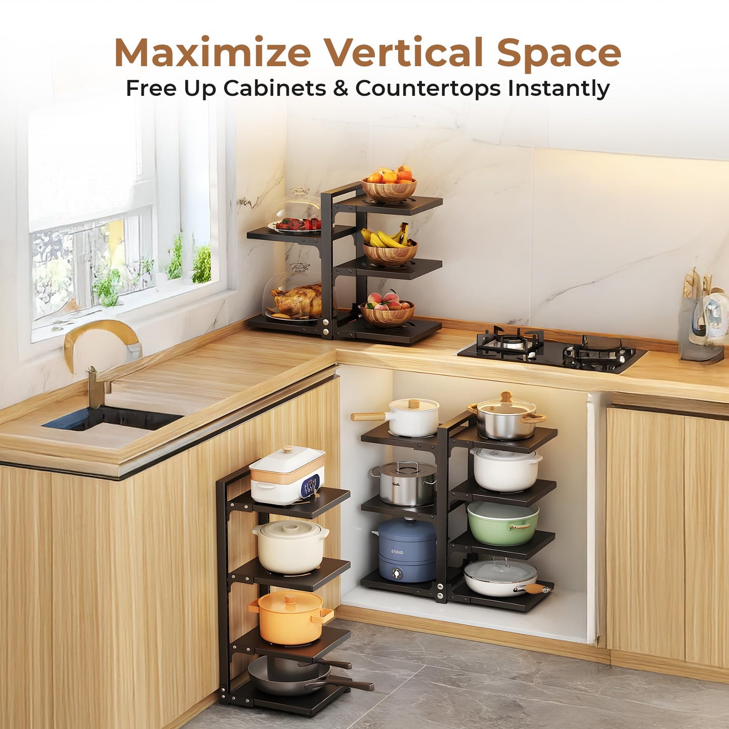 HomeEssentials Kitchen Counter Pan Rack Organizer - 7 Tier Adjustable Pot Holder/Shelf Drawer Stand for Crockery, Utensil Holder (7 TIER) Stainless Steel,Ceiling mount, Bracket shelf 
