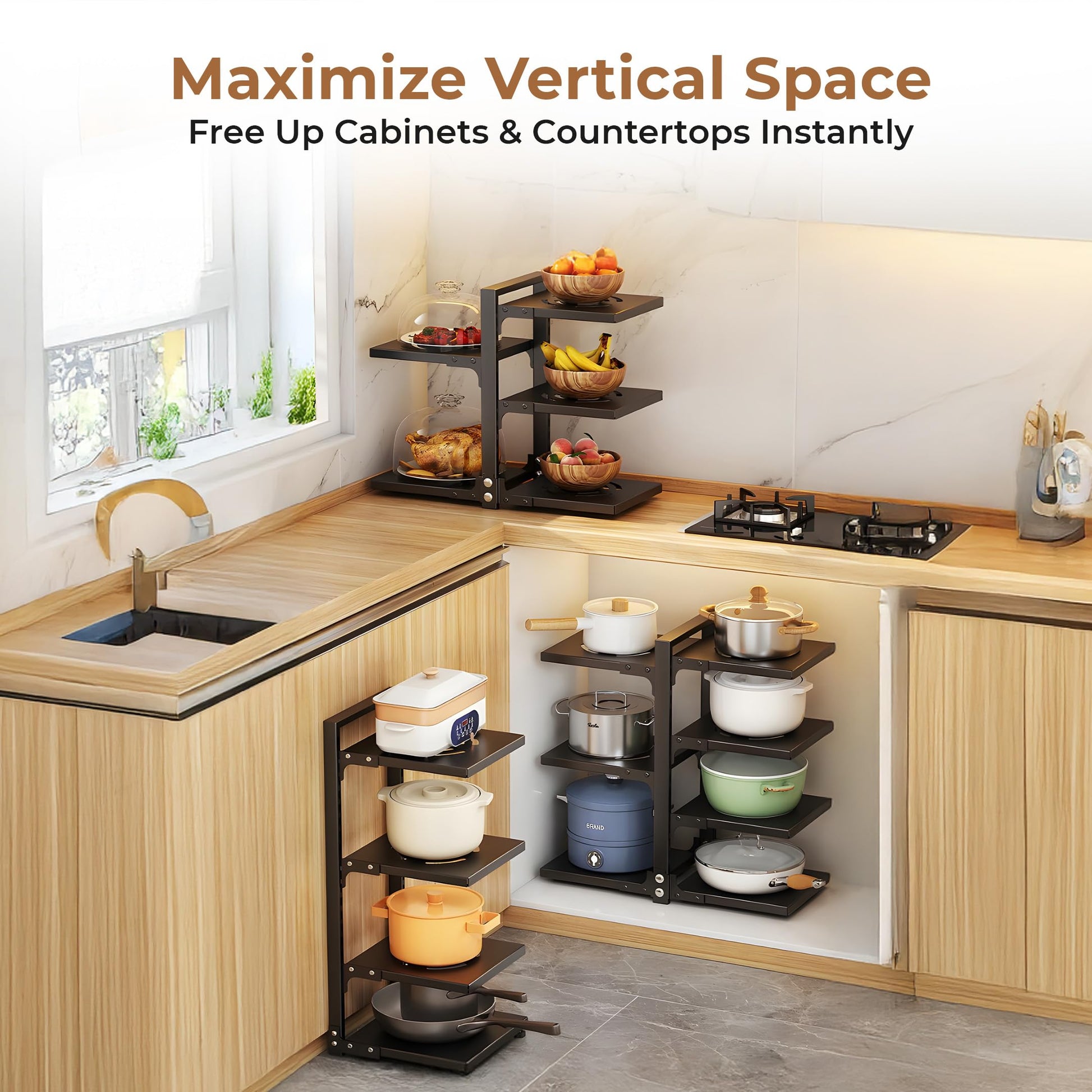 HomeEssentials Kitchen Counter Pan Rack Organizer - 7 Tier Adjustable Pot Holder/Shelf Drawer Stand for Crockery, Utensil Holder (7 TIER) Stainless Steel,Ceiling mount, Bracket shelf 