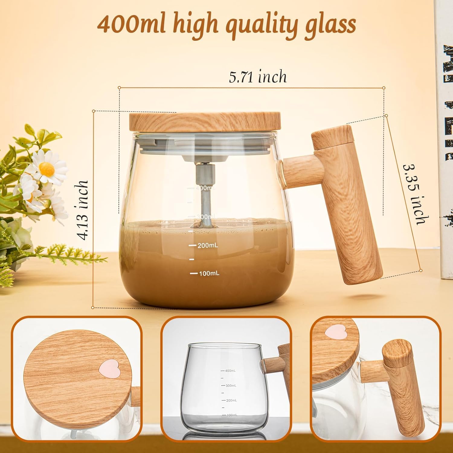HomeEssentials Self Stirring Coffee Mug-Electric High Speed Mixing Cup, 400Ml Self Stirring Coffee Mug With Lid, High Borosilicate Glass Mug Home Office For Coffee, Milk, Protein 