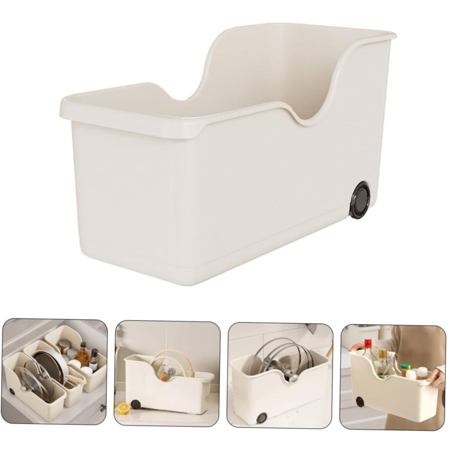 HomeEssentials plastic Multi-Purpose Storage Basket with Wheels - Ideal for Kitchen Utensils, Pots, Spice Jars, and Books - Portable Under Sink Organizer for a Clutter-Free Space (Set of 3, White) 