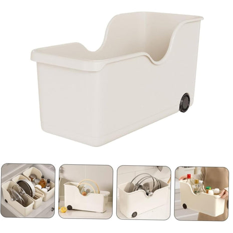 HomeEssentials plastic Multi-Purpose Storage Basket with Wheels - Ideal for Kitchen Utensils, Pots, Spice Jars, and Books - Portable Under Sink Organizer for a Clutter-Free Space (Set of 3, White) 