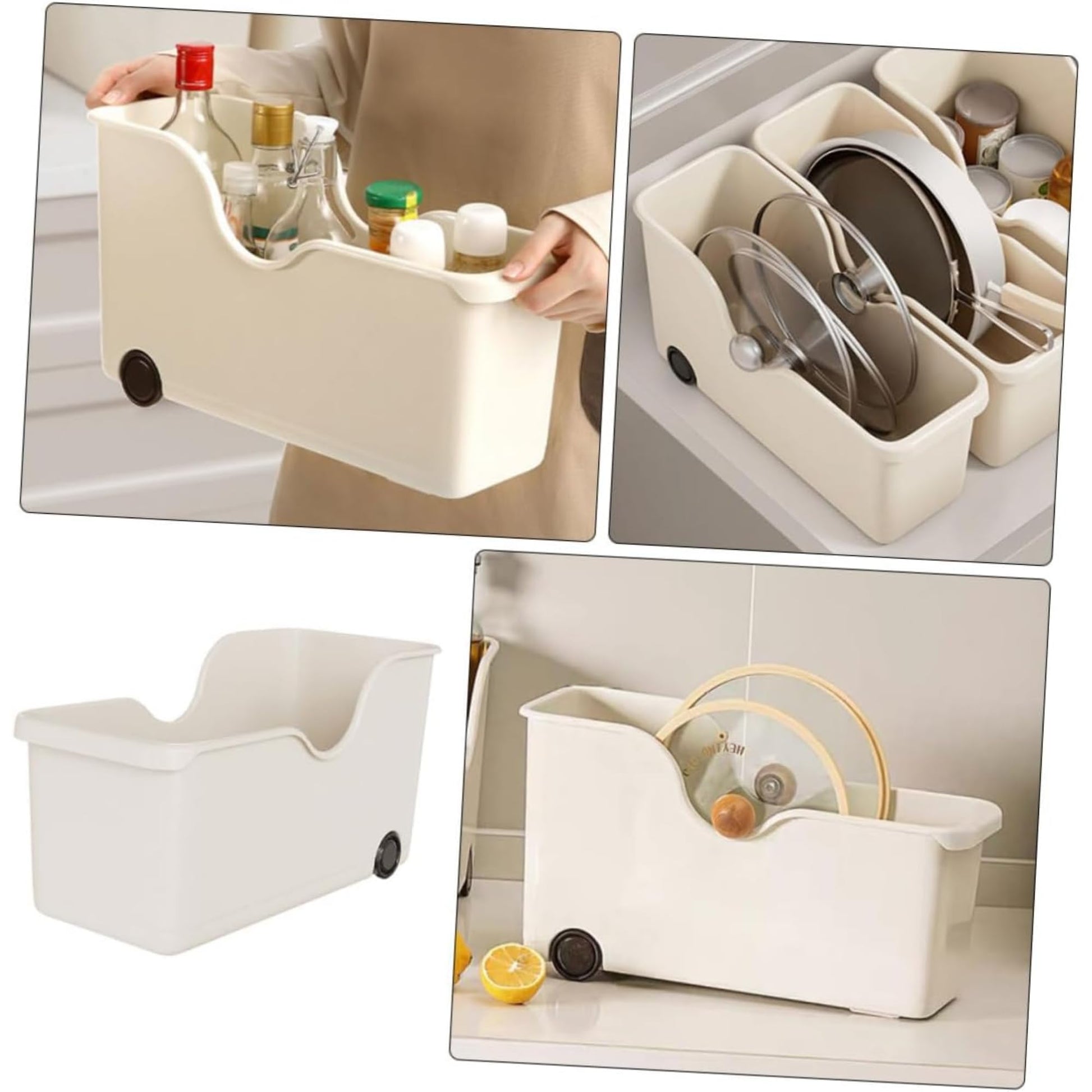 HomeEssentials plastic Multi-Purpose Storage Basket with Wheels - Ideal for Kitchen Utensils, Pots, Spice Jars, and Books - Portable Under Sink Organizer for a Clutter-Free Space (Set of 3, White) 