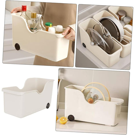HomeEssentials plastic Multi-Purpose Storage Basket with Wheels - Ideal for Kitchen Utensils, Pots, Spice Jars, and Books - Portable Under Sink Organizer for a Clutter-Free Space (Set of 3, White) 