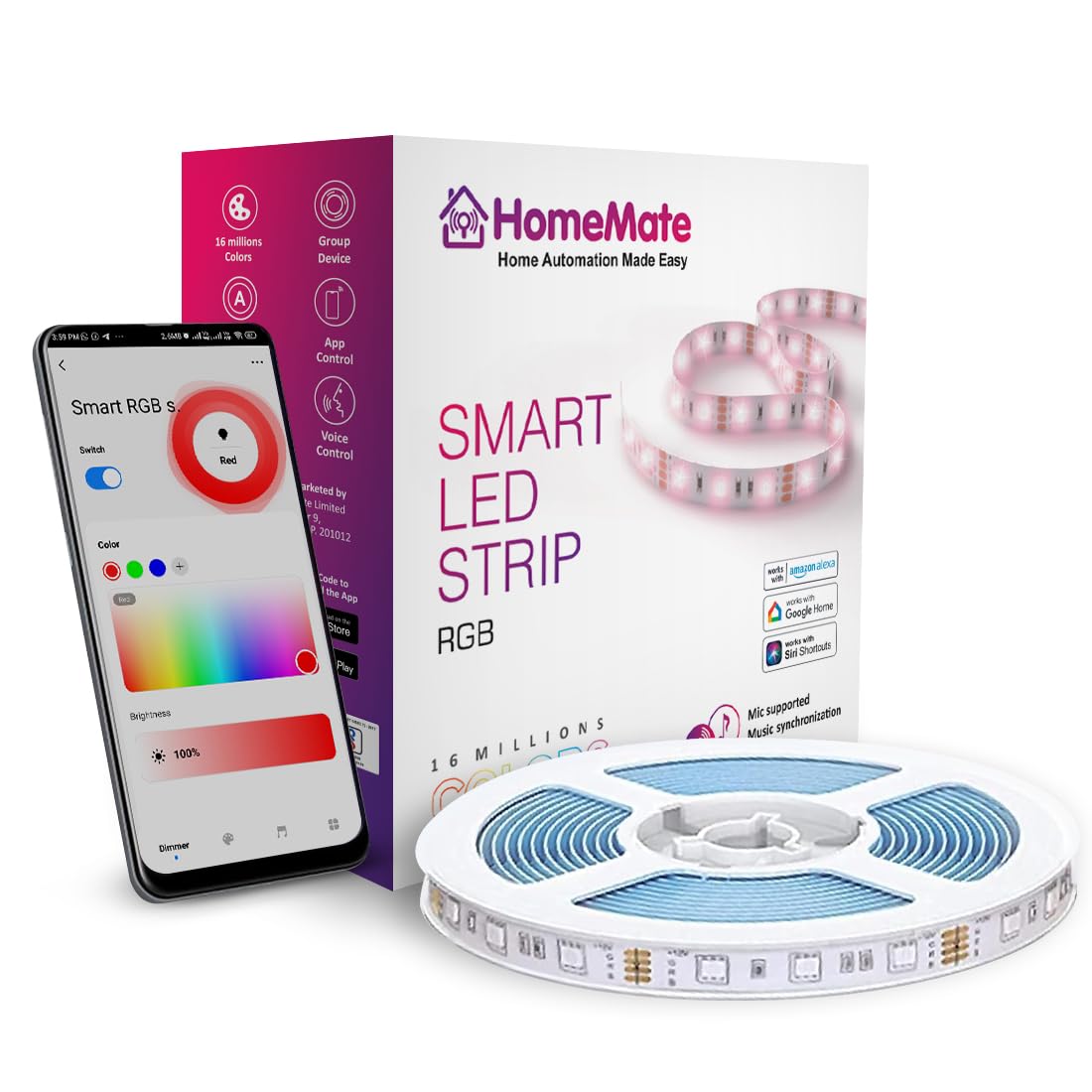 HomeMate Wi-Fi Multicolour Smart LED Strip Kit | 5 Meters | Music Sync Feature | No Hub Required | Works with Amazon Alexa, Google Home & Siri (RGB 5 Meter Kit with Built-in Mic Controller) 