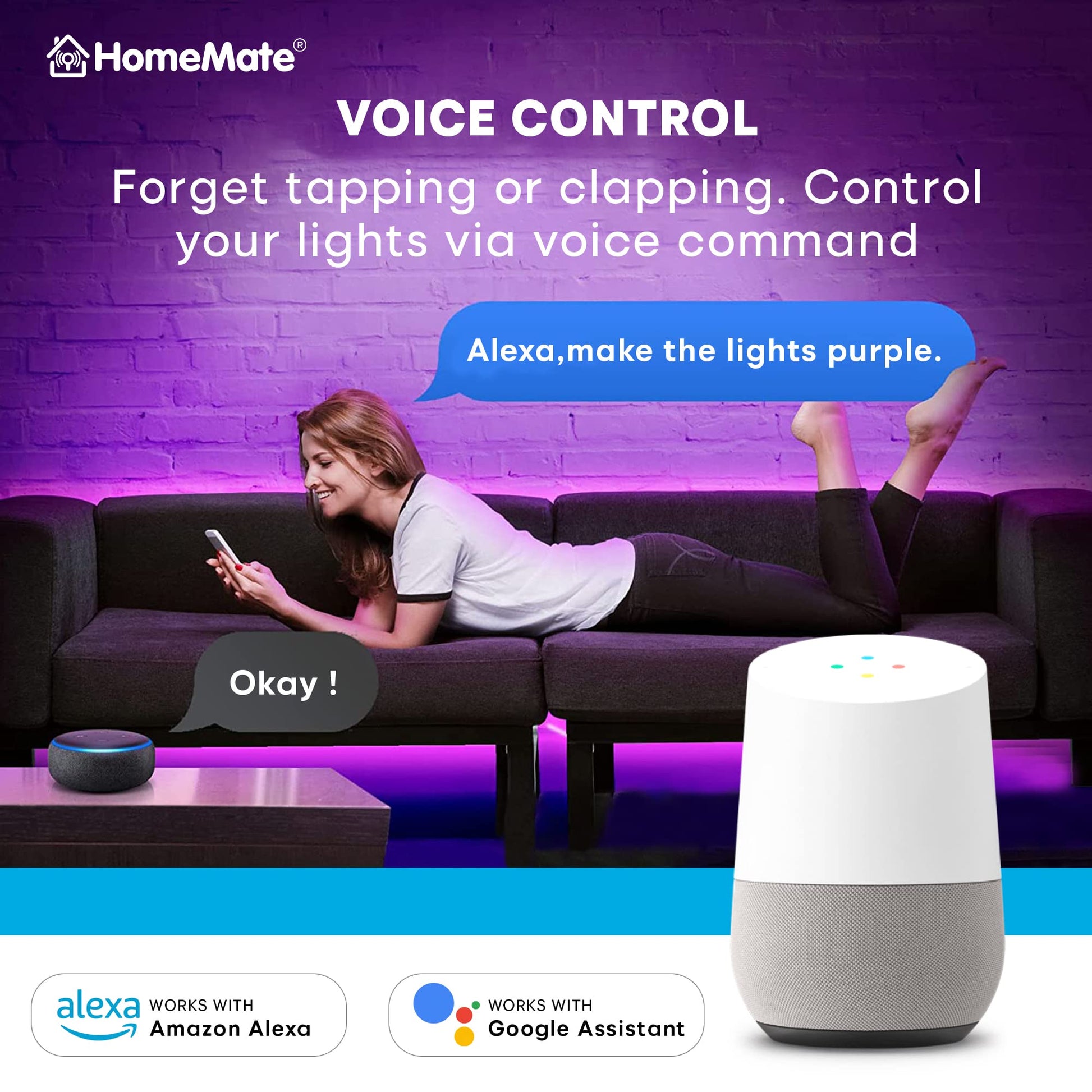 HomeMate Wi-Fi Multicolour Smart LED Strip Kit | 5 Meters | Music Sync Feature | No Hub Required | Works with Amazon Alexa, Google Home & Siri (RGB 5 Meter Kit with Built-in Mic Controller) 