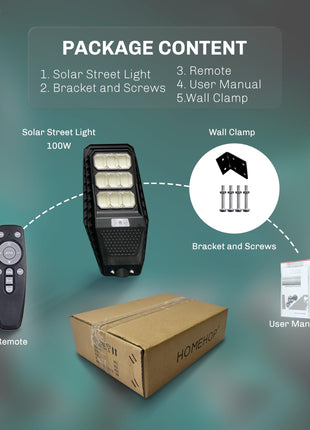 Homehop 100W Solar Street Light Outdoor with Motion Sensor, Security, Automatic,Wireless, Wall Lamp for Outdoor, Home & Garden with Remote Control (ABS, Cool White), 