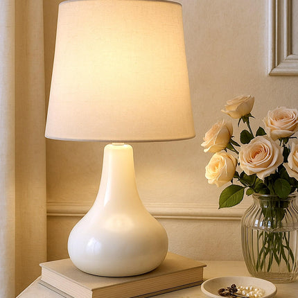 Homesake® Modern Small Ceramic Table Lamp, Warm Light Classic Bedside Desk lamp for Living Room Bedroom Dining, Restaurant, Farmhouse Nightstand Study Lamps with Fabric Shade (White) 