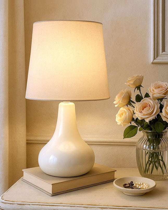 Homesake® Modern Small Ceramic Table Lamp, Warm Light Classic Bedside Desk lamp for Living Room Bedroom Dining, Restaurant, Farmhouse Nightstand Study Lamps with Fabric Shade (White) 