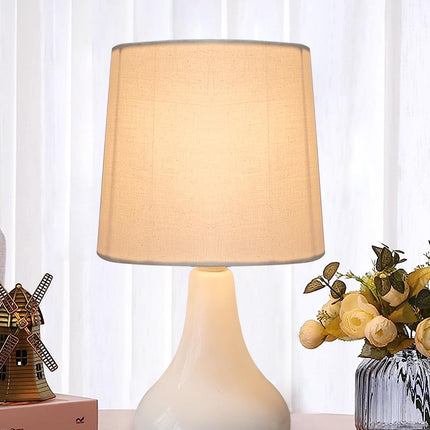 Homesake® Modern Small Ceramic Table Lamp, Warm Light Classic Bedside Desk lamp for Living Room Bedroom Dining, Restaurant, Farmhouse Nightstand Study Lamps with Fabric Shade (White) 