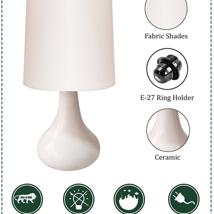Homesake® Modern Small Ceramic Table Lamp, Warm Light Classic Bedside Desk lamp for Living Room Bedroom Dining, Restaurant, Farmhouse Nightstand Study Lamps with Fabric Shade (White) 