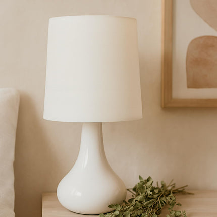 Homesake® Modern Small Ceramic Table Lamp, Warm Light Classic Bedside Desk lamp for Living Room Bedroom Dining, Restaurant, Farmhouse Nightstand Study Lamps with Fabric Shade (White) 