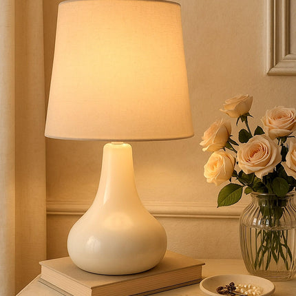 Homesake® Modern Small Ceramic Table Lamp, Warm Light Classic Bedside Desk lamp for Living Room Bedroom Dining, Restaurant, Farmhouse Nightstand Study Lamps with Fabric Shade (White) 