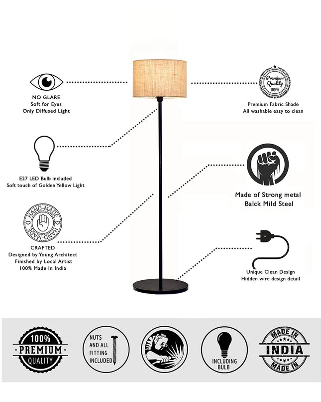 Homesake Rustic Wooden Base led Floor Lamp Decorative Night Standing Modern Antique Industrial Vintage Minimalist Home for Living Room, Bedrooms, Office (Wooden Base Beige) 