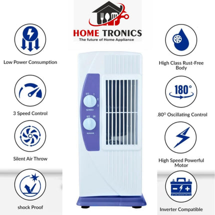 Hometronics Tower Fan For Home| Lightweight Portable Tower AC| Tough Blower With 3 Speed Control| Cooler for home| High Air Throw with Swing Control (PURPLE & WHITE) 