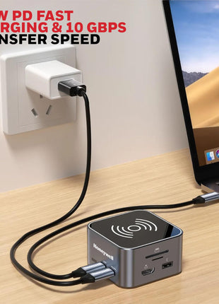Honeywell New Launch 12-in-1 Type C Dock with 4K HDMI, MagSafe Wireless 15W, 4xUSB Ports PD 100W, Mic, Ethernet & Audio Port, SD & MicroSD Slot, All Type C Devices, Windows/MacBook 