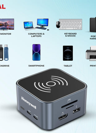 Honeywell New Launch 12-in-1 Type C Dock with 4K HDMI, MagSafe Wireless 15W, 4xUSB Ports PD 100W, Mic, Ethernet & Audio Port, SD & MicroSD Slot, All Type C Devices, Windows/MacBook 