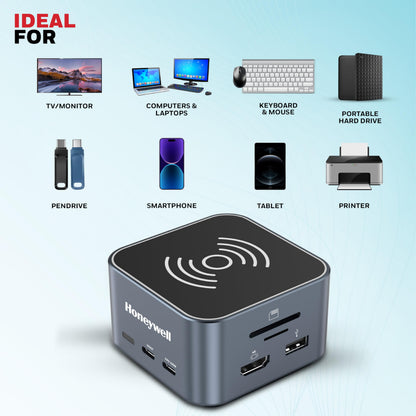 Honeywell New Launch 12-in-1 Type C Dock with 4K HDMI, MagSafe Wireless 15W, 4xUSB Ports PD 100W, Mic, Ethernet & Audio Port, SD & MicroSD Slot, All Type C Devices, Windows/MacBook 