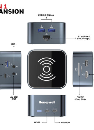 Honeywell New Launch 12-in-1 Type C Dock with 4K HDMI, MagSafe Wireless 15W, 4xUSB Ports PD 100W, Mic, Ethernet & Audio Port, SD & MicroSD Slot, All Type C Devices, Windows/MacBook 