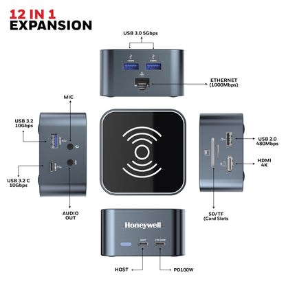 Honeywell New Launch 12-in-1 Type C Dock with 4K HDMI, MagSafe Wireless 15W, 4xUSB Ports PD 100W, Mic, Ethernet & Audio Port, SD & MicroSD Slot, All Type C Devices, Windows/MacBook 