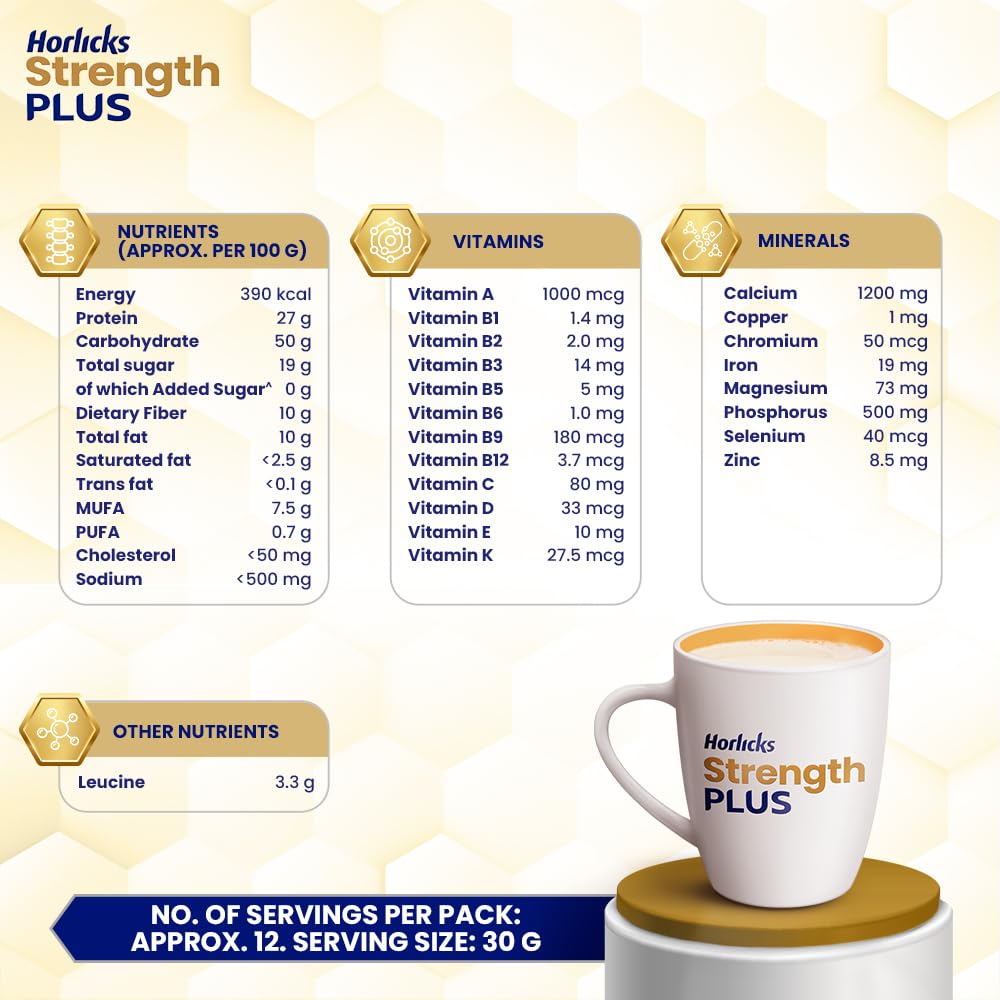 Horlicks Strength Plus- Vanilla| Balanced Nutrition to Regain Strength|High Fibre & Protein,Powder,1 count,350 grams 