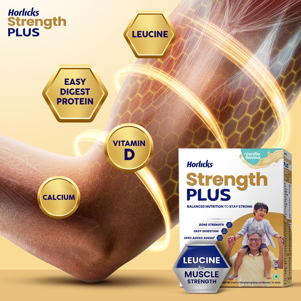 Horlicks Strength Plus- Vanilla| Balanced Nutrition to Regain Strength|High Fibre & Protein,Powder,1 count,350 grams 