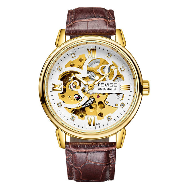 Huaishu Men Watches Au ATIC Mechanical Skeleton Diamond-Studded Watch Genuine Leather Band L Nous Hands 3ATM Waterproof Male Fashion Wristwatch White 